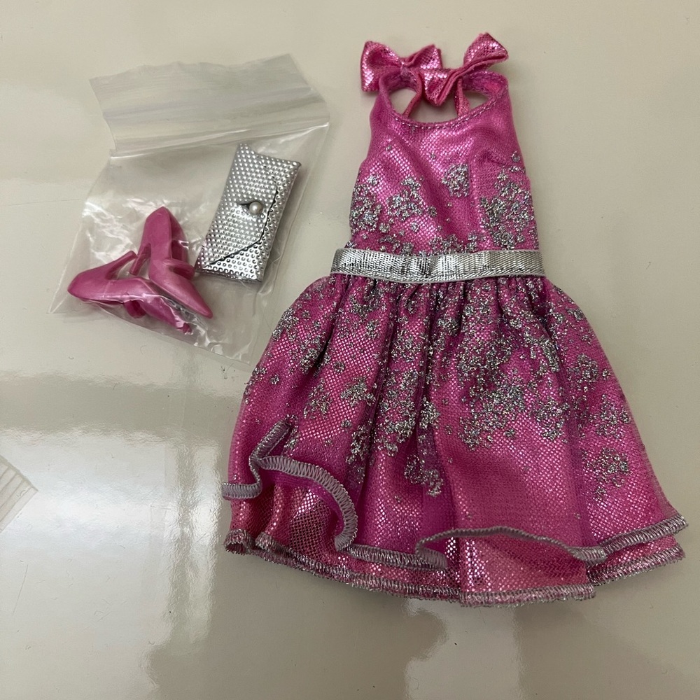 Barbie or any 12” Doll 3pc, Pink/Silver Short Dress, Shoes & Pocketbook EUC